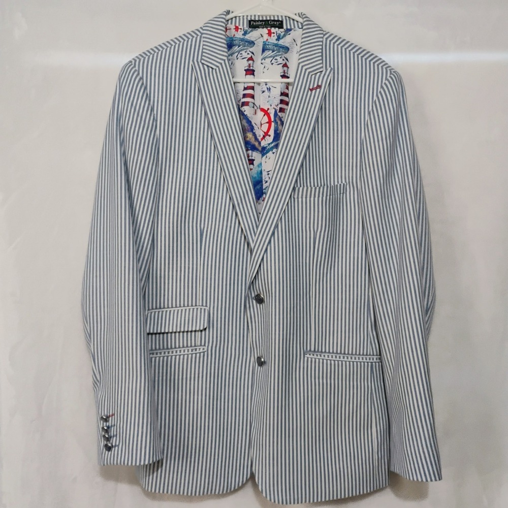 Paisley & Gray Mens 42R Slim Fit Blazer Blue White Striped Nautical Lining